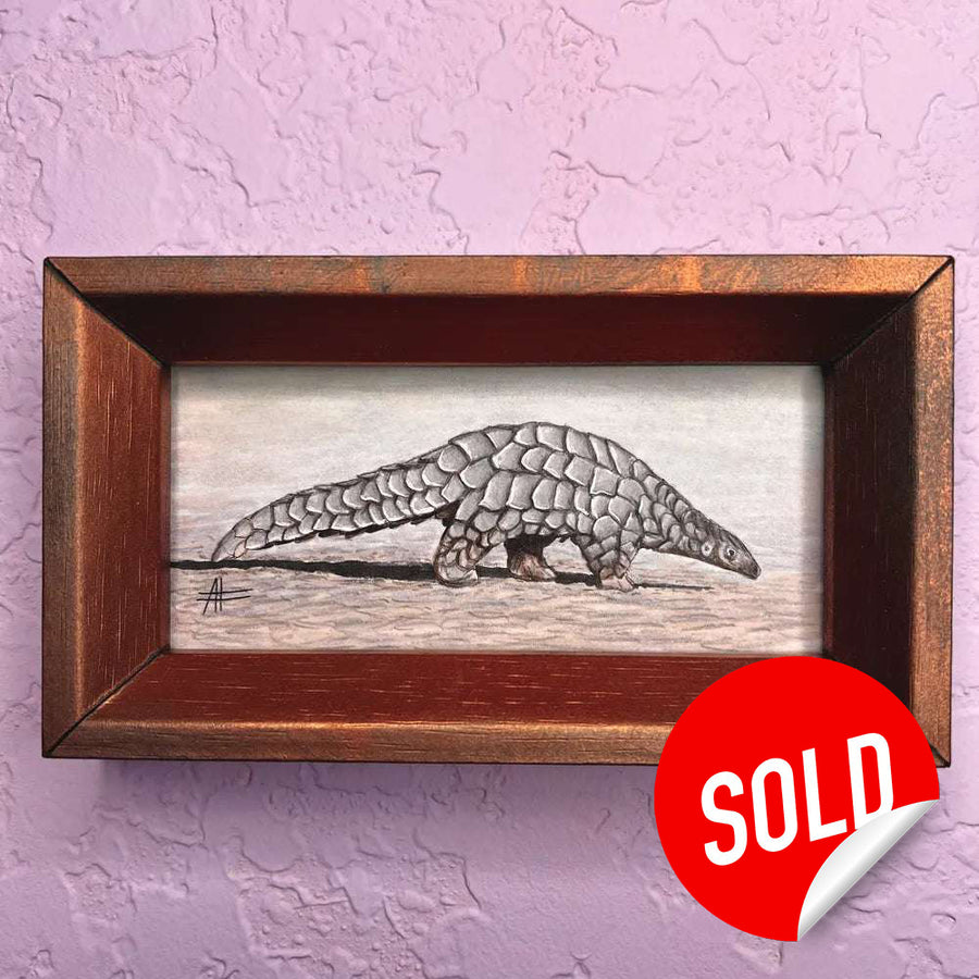 Richly framed miniature watercolor painting of a pangolin on a muted backdrop, placed on a purple wall with a red sold sticker in the bottom corner